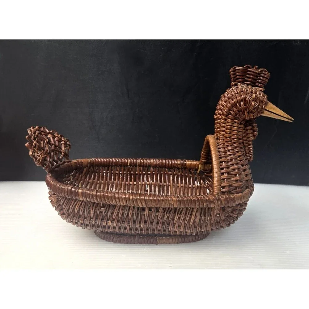 Vintage Wicker Rattan Rooster Chicken Basket Planter Handwoven Farmhouse Decor